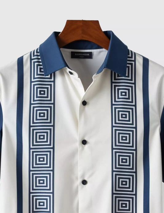 Men’s Geometric Stripe Short Sleeve Shirt | Blue & White Casual Button-Down Shirt