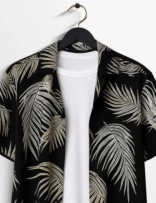 Men’s Black Leaf Print Short Sleeve Shirt | Tropical Casual Button-Down Shirt