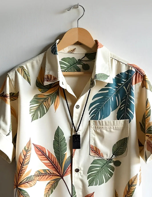Men’s Cream Leaf Print Short Sleeve Shirt | Tropical Casual Button-Down Shirt