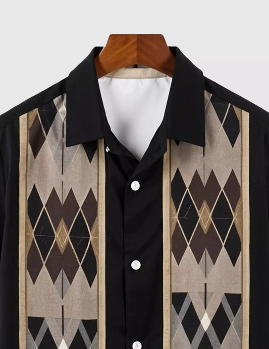 Men’s Geometric Print Short Sleeve Shirt | Casual Button-Down Retro Style Shirt