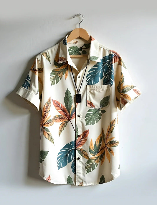 Men’s Cream Leaf Print Short Sleeve Shirt | Tropical Casual Button-Down Shirt