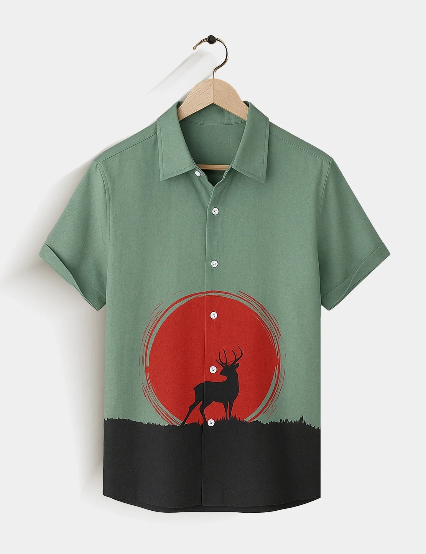Men’s Deer Graphic Print Short Sleeve Shirt | Nature-Inspired Casual Button-Down Shirt