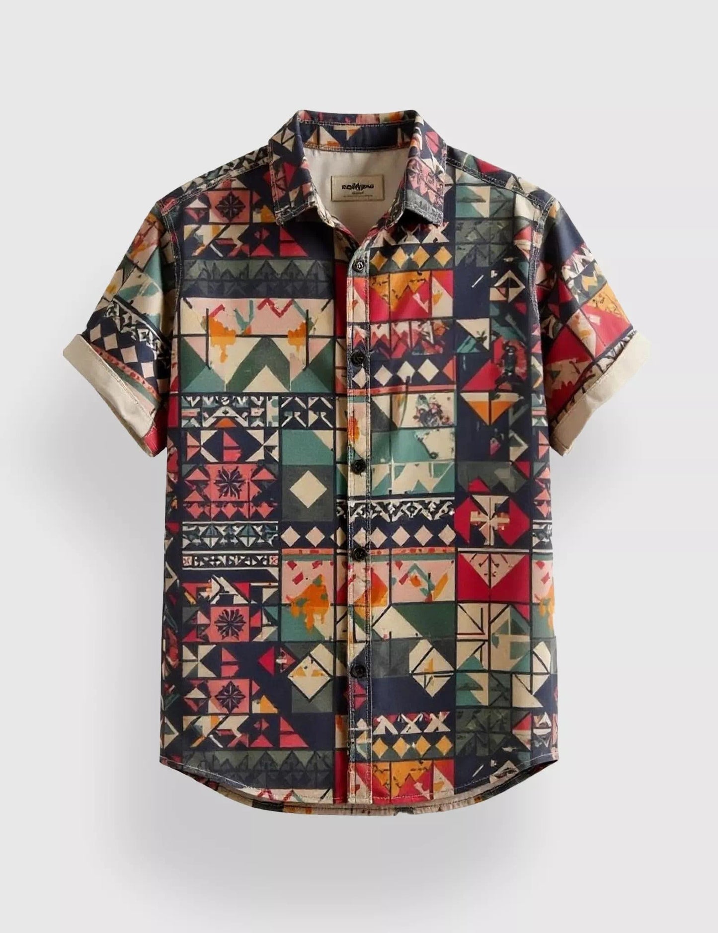 Men’s Multicolor Geometric Print Short Sleeve Shirt | Retro Casual Button-Down Shirt