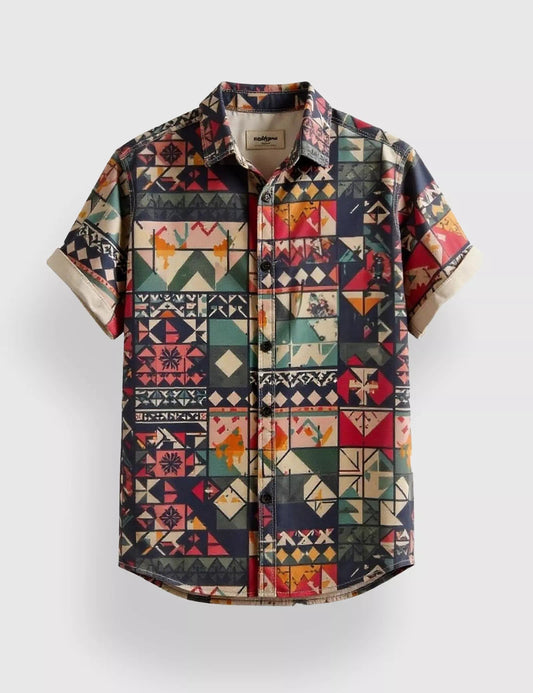 Men’s Multicolor Geometric Print Short Sleeve Shirt | Retro Casual Button-Down Shirt