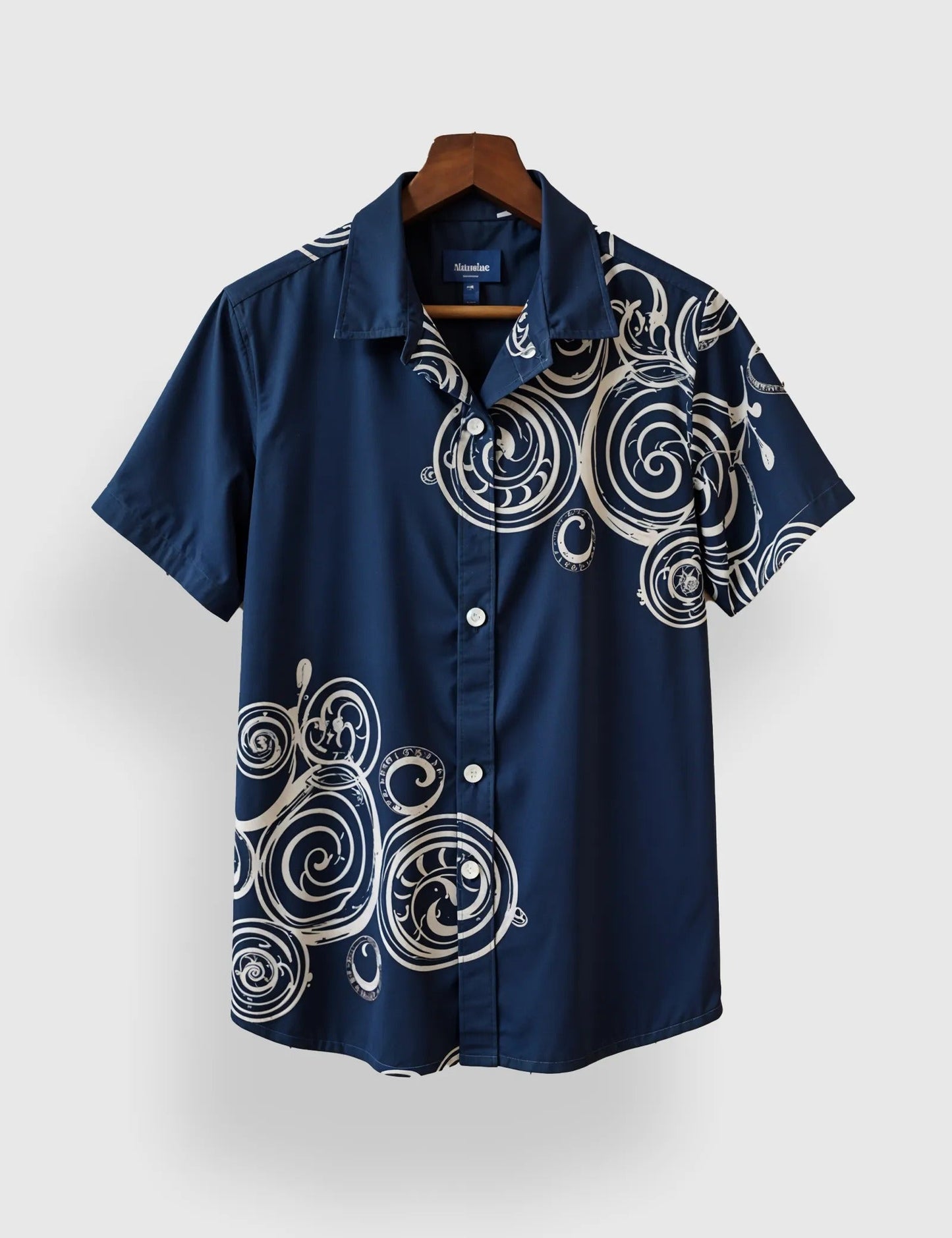 Men’s Abstract Swirl Print Short Sleeve Shirt | Navy Blue Casual Button-Down Shirt