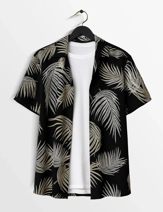 Men’s Black Leaf Print Short Sleeve Shirt | Tropical Casual Button-Down Shirt