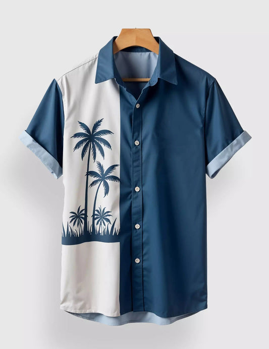 Men’s Tropical Palm Print Short Sleeve Shirt | Casual Button-Down Summer Shirt