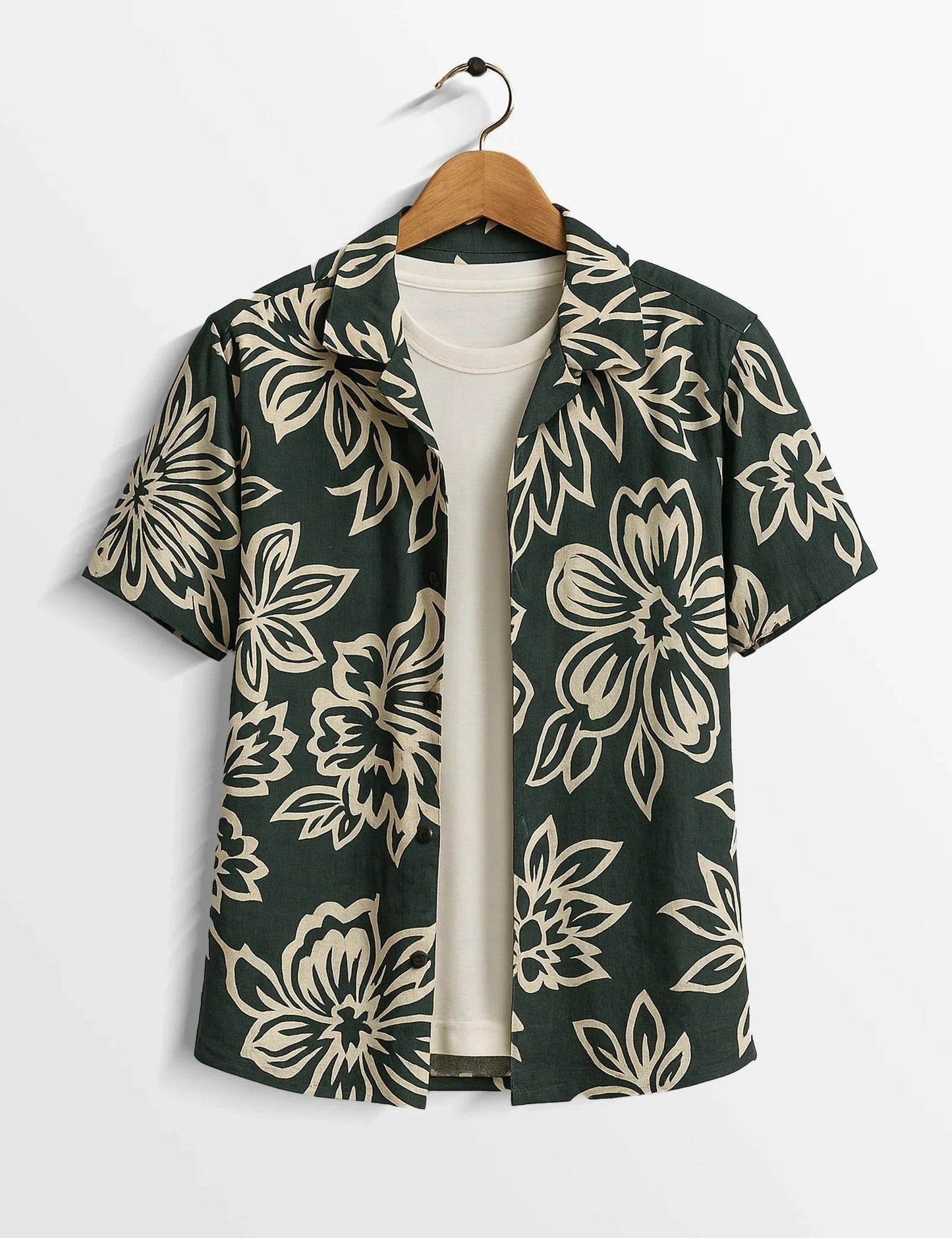 Men’s Dark Green Floral Print Short Sleeve Shirt | Tropical Casual Button-Down Shirt