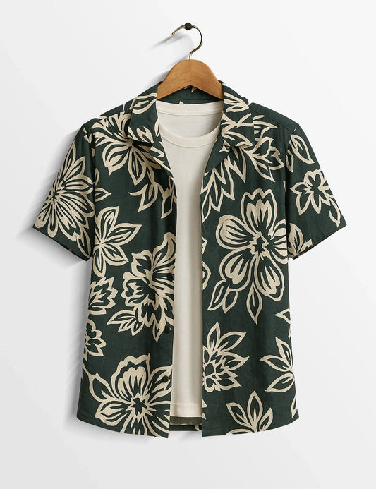 Men’s Dark Green Floral Print Short Sleeve Shirt | Tropical Casual Button-Down Shirt