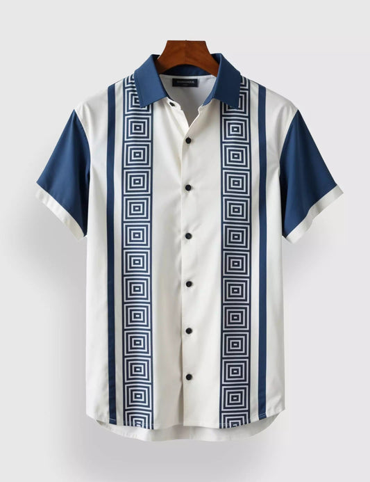 Men’s Geometric Stripe Short Sleeve Shirt | Blue & White Casual Button-Down Shirt
