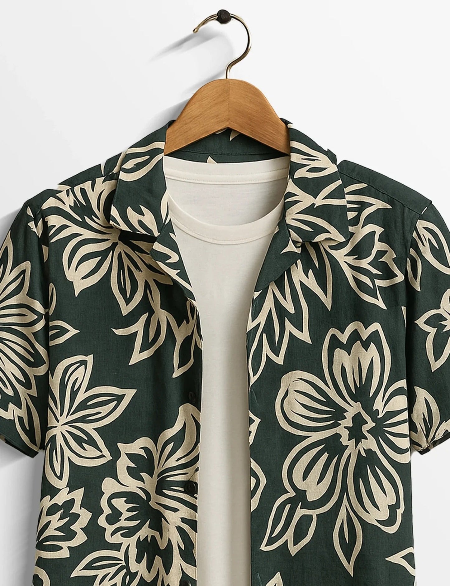 Men’s Dark Green Floral Print Short Sleeve Shirt | Tropical Casual Button-Down Shirt