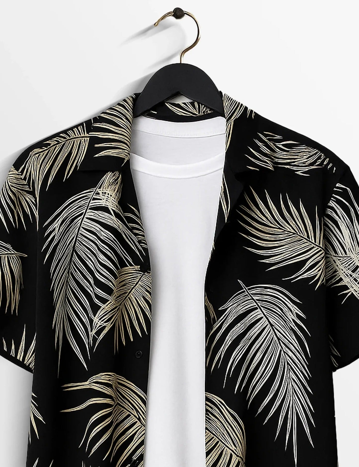 Men’s Black Leaf Print Short Sleeve Shirt | Tropical Casual Button-Down Shirt