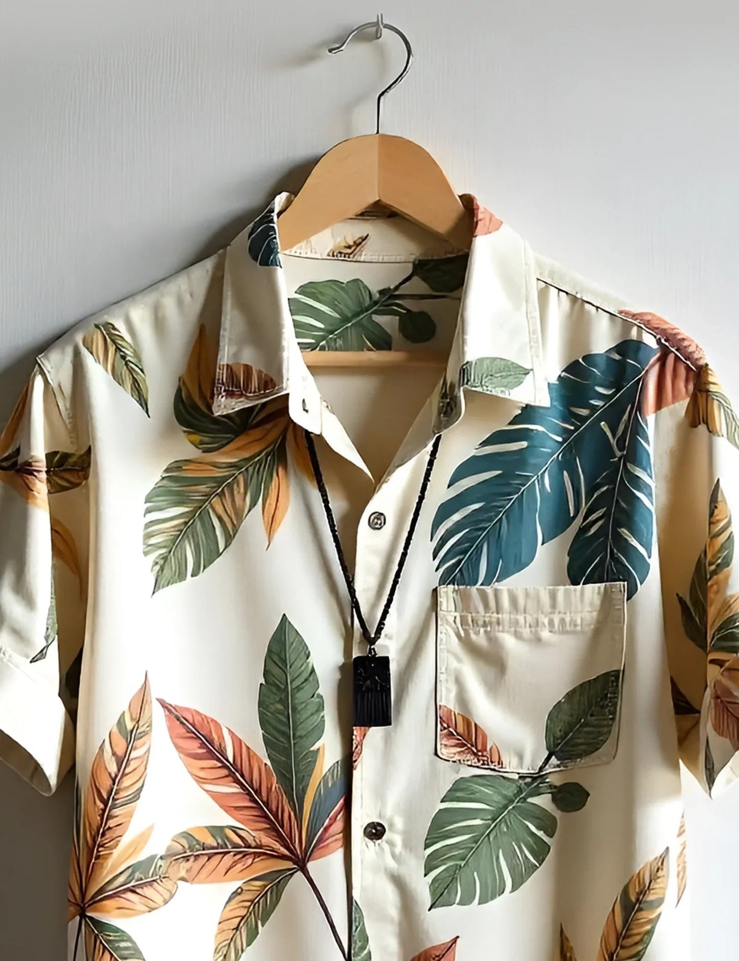 Men’s Cream Leaf Print Short Sleeve Shirt | Tropical Casual Button-Down Shirt