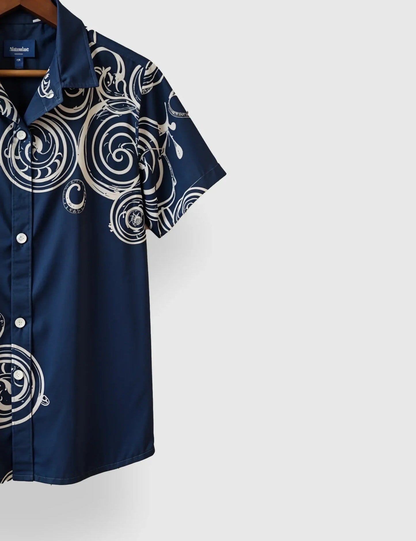 Men’s Abstract Swirl Print Short Sleeve Shirt | Navy Blue Casual Button-Down Shirt