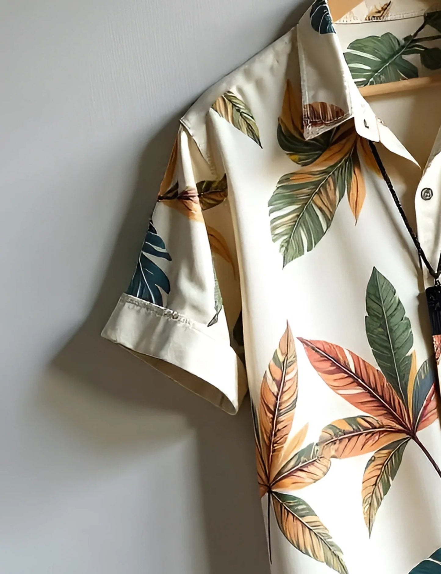 Men’s Cream Leaf Print Short Sleeve Shirt | Tropical Casual Button-Down Shirt