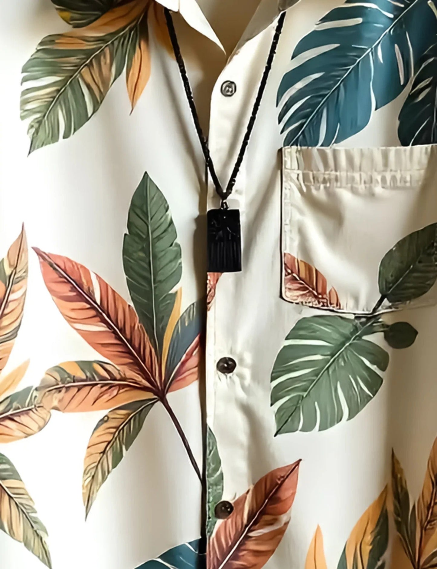 Men’s Cream Leaf Print Short Sleeve Shirt | Tropical Casual Button-Down Shirt